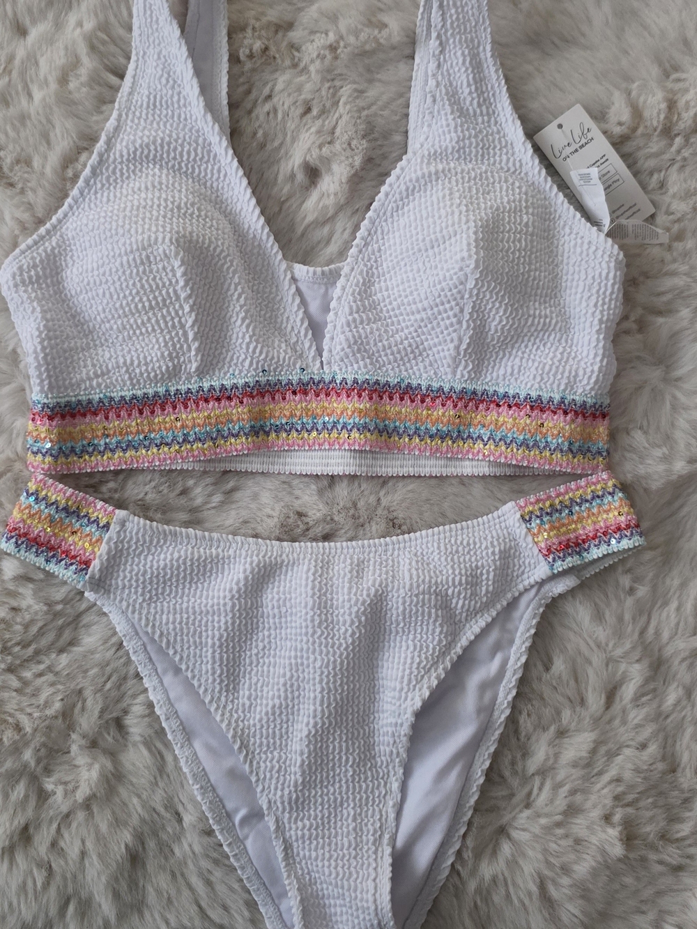 Cupshe White Girls' Bikini with Multicolor Rainbow Trim